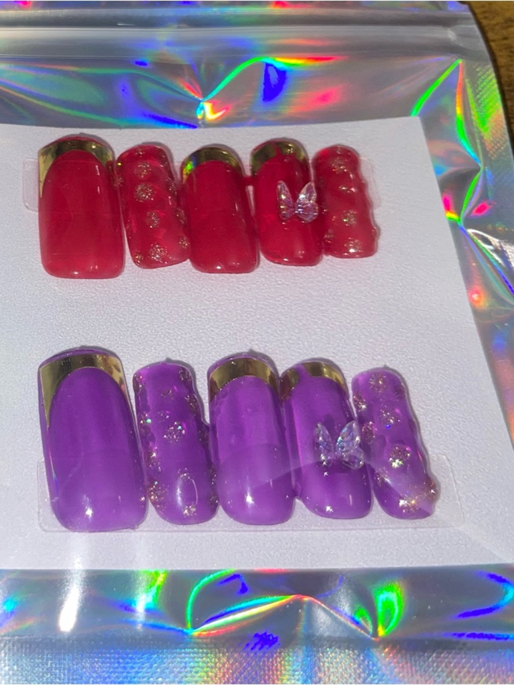 Two Sets of Glitter Butterfly French Tip Press-On Nails - Red & Purple